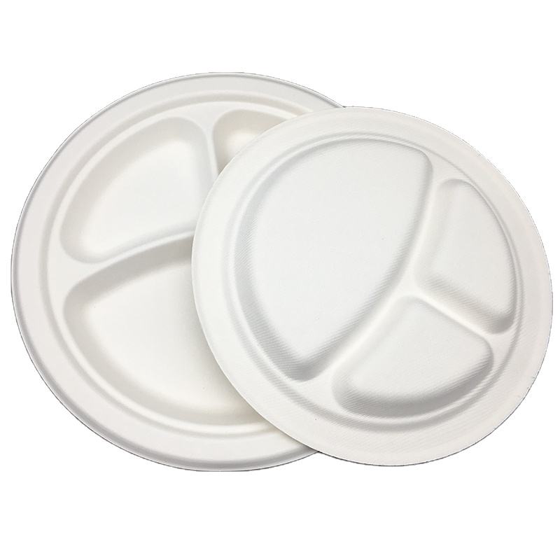 SafePro BP93 9-Inch Bagasse Compostable Round 3-Compartment Plate